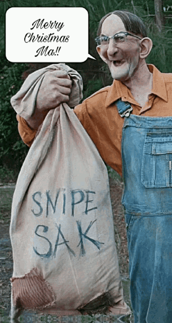a man in overalls holds a bag that says snipe sak