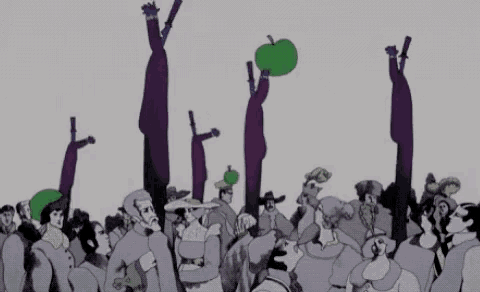 a cartoon drawing of a crowd of people with a man holding a green apple