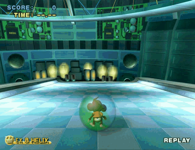a video game shows a monkey in a ball and says replay