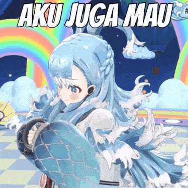 a girl with blue hair is holding a fish and the words aku juga mau are above her