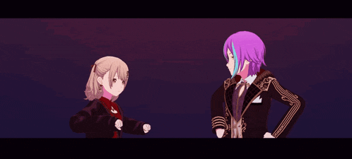a purple haired girl stands next to a blonde girl with chinese writing on the bottom