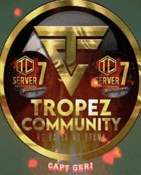 a logo for the tropez community has a gold border and a red background
