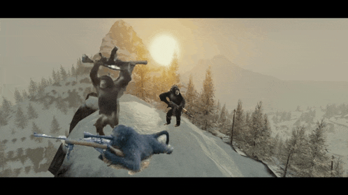 a monkey with a gun is standing on a snowy mountain