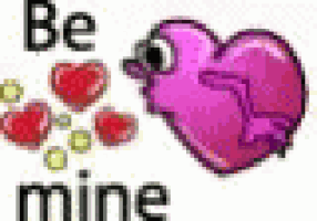 a pink heart with the words `` be mine '' surrounded by hearts .