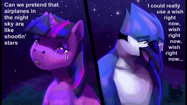 a drawing of twilight sparkle and regular show crying with the words can we pretend that airplanes in the night sky are like shootin ' stars