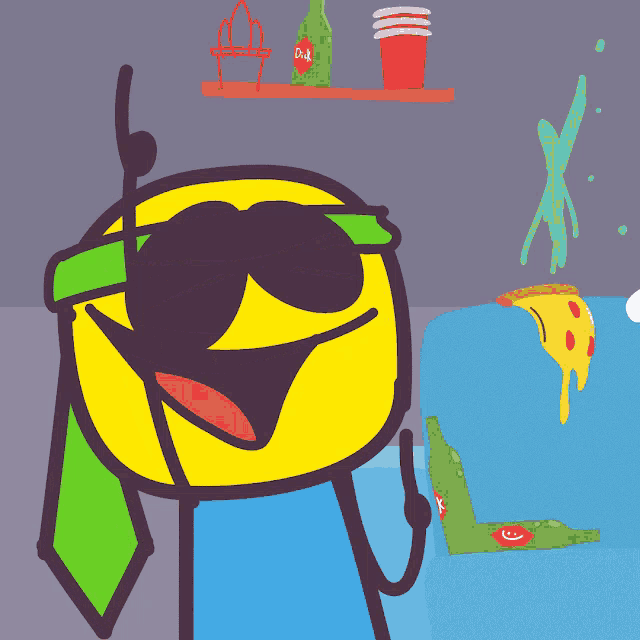 a cartoon character wearing sunglasses and a green tie stands in front of a shelf with drinks on it
