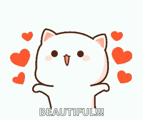 a cartoon cat is surrounded by red hearts and says beautiful .