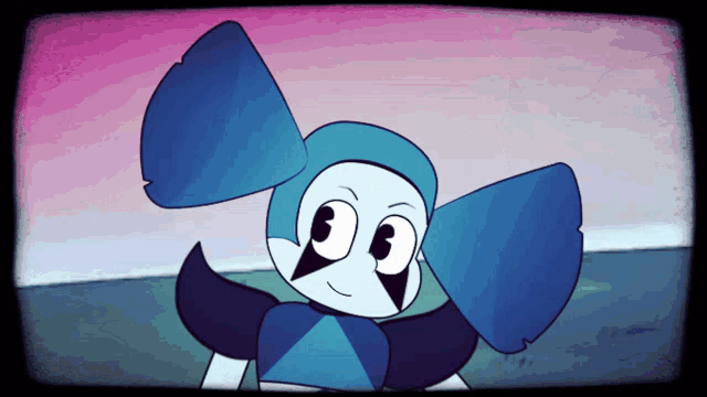 a cartoon character with blue ears and a black face is smiling