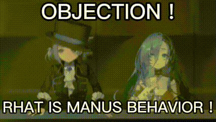 a man and a woman are standing next to each other with the words objection ! rhat is manus behavior !