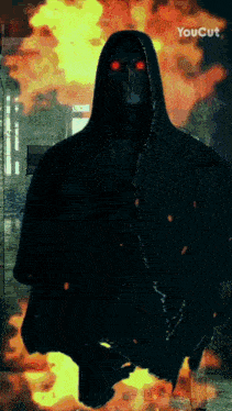 a grim reaper with red eyes is surrounded by flames with the words youcut below him