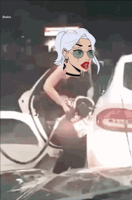 a cartoon of a woman getting out of a car with the word @winx on the bottom right