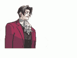 a pixel art illustration of a man in a red suit pointing at the camera .