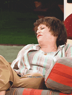 a woman sits on a couch and says " i feel so guilty about "