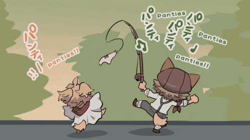 a cartoon drawing of a boy holding a fishing rod with the words panties written around him