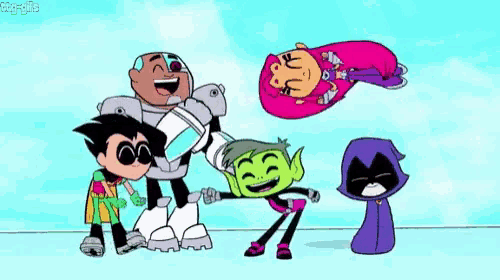 a group of cartoon characters are standing next to each other and laughing .