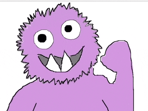 a drawing of a purple monster with white eyes