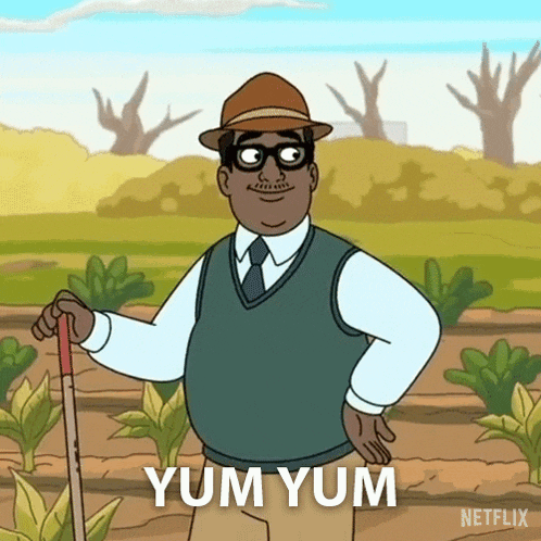a cartoon of a man holding a cane with the words yum yum written below him