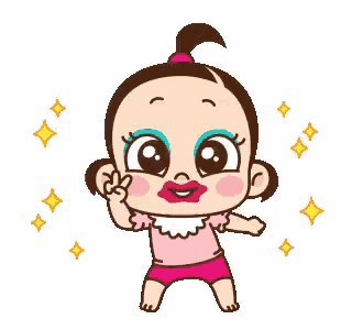 a cartoon baby girl wearing makeup and giving a peace sign .