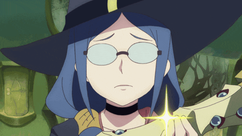 a witch with blue hair and glasses is holding a piece of paper in her hand