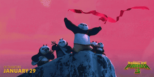 a poster for kung fu panda 3 shows a group of panda bears on top of a mountain