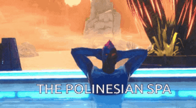 a man is laying in a pool with the words the polinesian spa below him