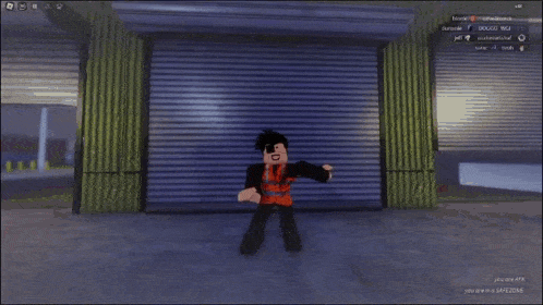a roblox character is standing in front of a garage