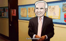 a man in a suit and tie is standing in a hallway and saying cash money