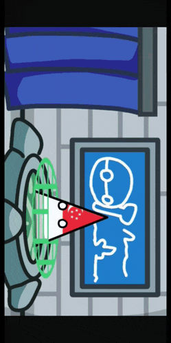 a cartoon drawing of a man with a triangle on his head looking at a picture