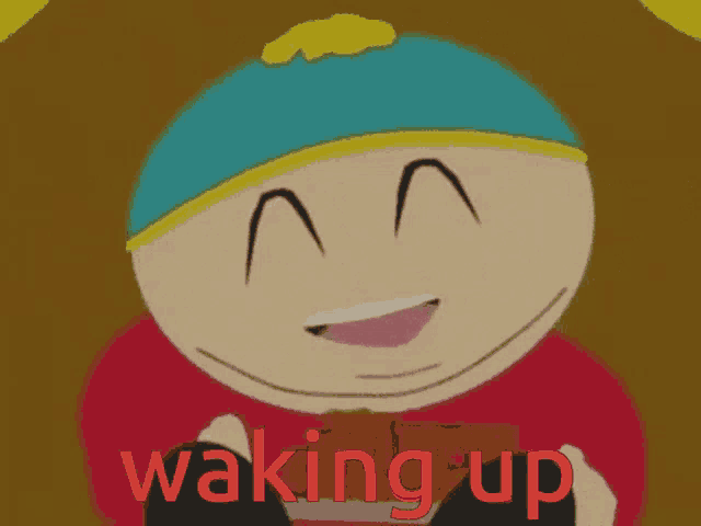 a cartoon character with the words waking up in red letters