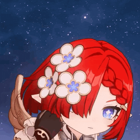 a girl with red hair has three flowers in her hair