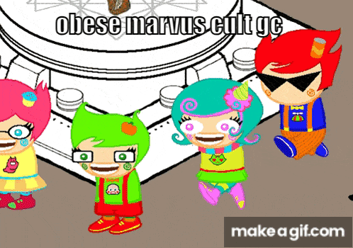 a group of cartoon characters are standing next to each other with the words obese marvus cult ge above them