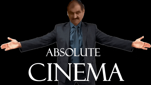 a man in a suit and tie is standing in front of a black background that says absolute cinema