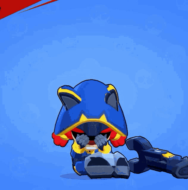 a cartoon character with a blue hood is covering his eyes with his hands