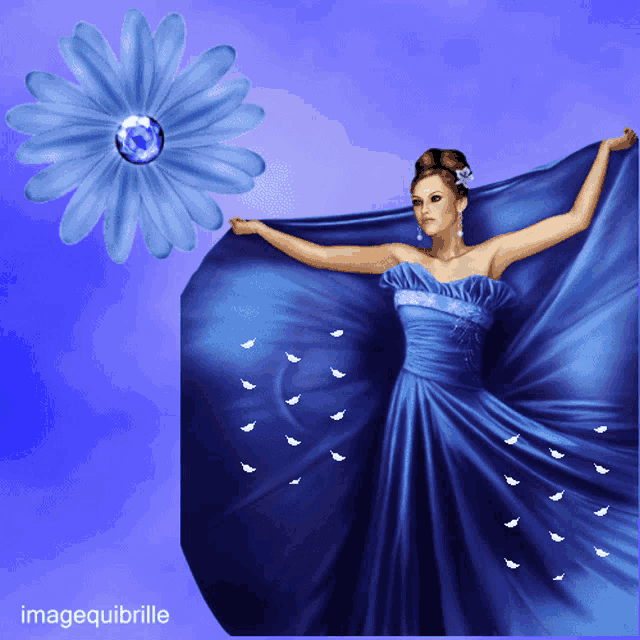 a picture of a woman in a blue dress with a blue flower in the background