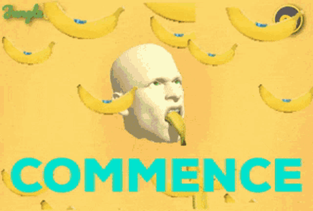 a man with a banana in his mouth is surrounded by bananas and the words commence