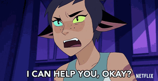 a cartoon character says " i can help you okay " in a purple background