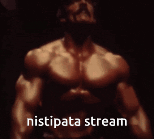 a man with a beard is flexing his muscles in front of a sign that says ' nistipata stream '