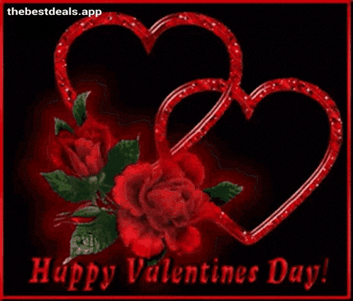 a happy valentine 's day card with two red hearts and red roses .