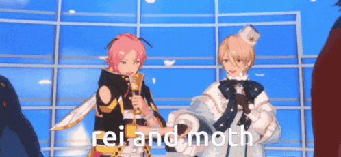 a couple of anime characters standing next to each other with the words rei and moth written in the corner