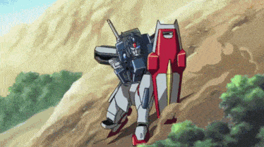 a robot with a red shield and a gun is walking down a hill .