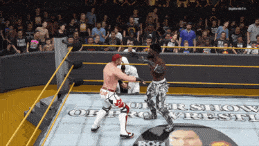 two wrestlers are fighting in front of a crowd in a ring that says ultimate knockout of pro wrestling