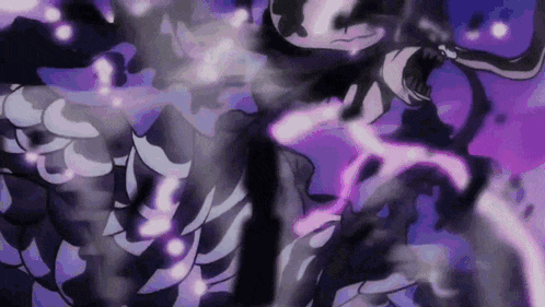 a cartoon character is surrounded by purple lights and smoke