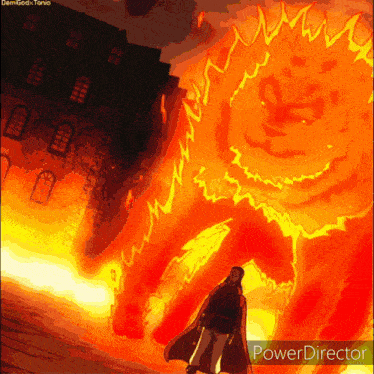 a drawing of a person standing in front of a fire with the words power director below them