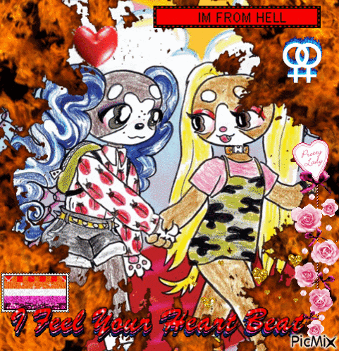 a picture of two cartoon characters holding hands with the words im from hell written above them