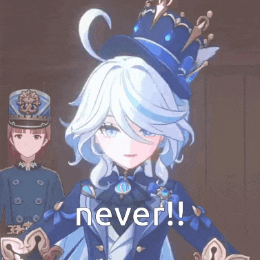 a girl with white hair and a blue hat is standing in front of a man in a blue uniform and says never !
