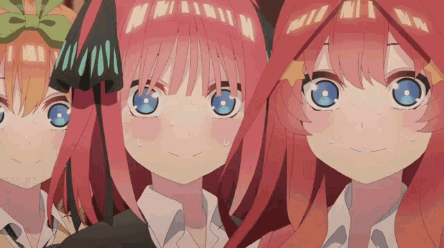 a group of anime girls with red hair and blue eyes are standing next to each other