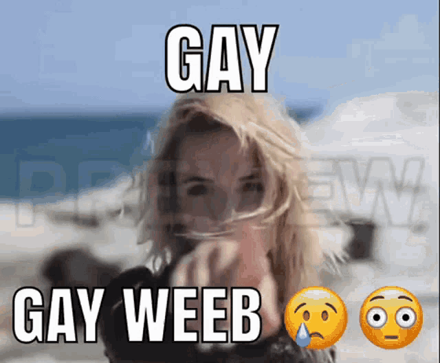 a picture of a woman with a crying face and the words gay gay weeb