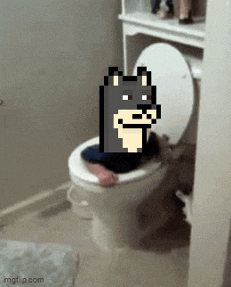 a pixel art of a dog on a toilet