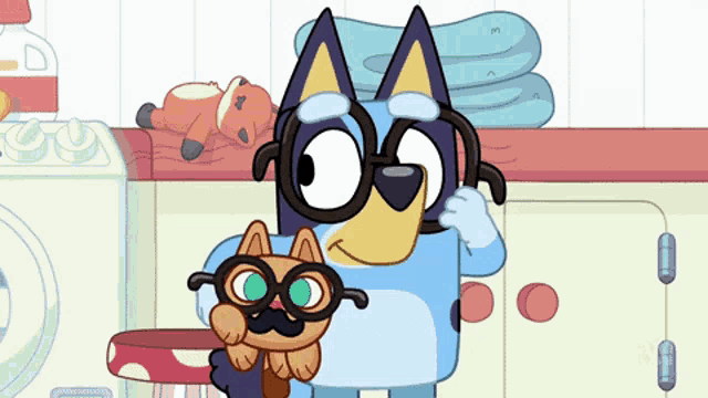 a cartoon dog with glasses and a mustache holds a cat