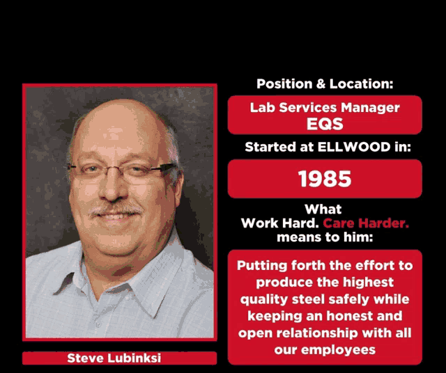 steve lubinski is a lab services manager and started at ellwood in 1985